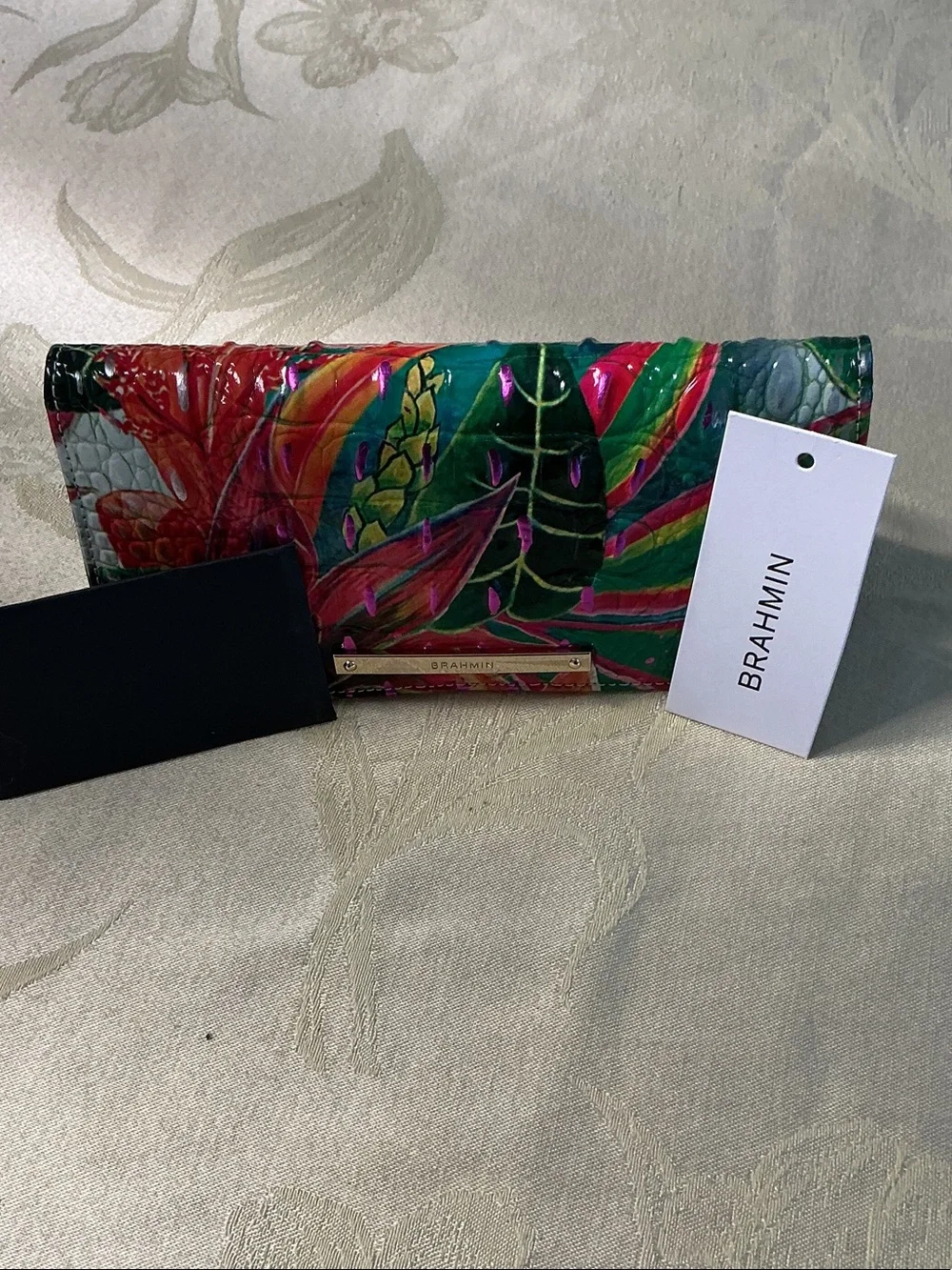 Brahmin UPOTIA MELBOUTropical Floral Painted Leather Wallet in Green, Pink & Red